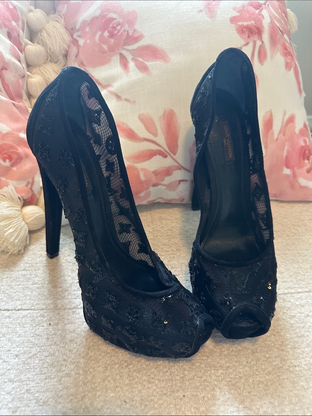Louis Vuitton Black Lace Peep-Toe Stiletto Heels